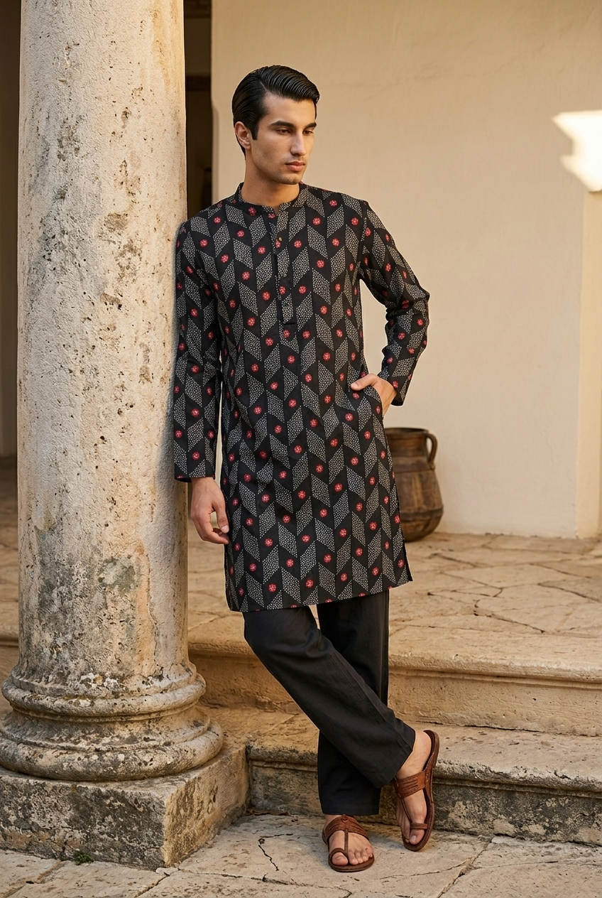 VRIKSHA KURTA - BLACK Size M | Veda Handcrafted Ethnic Wear