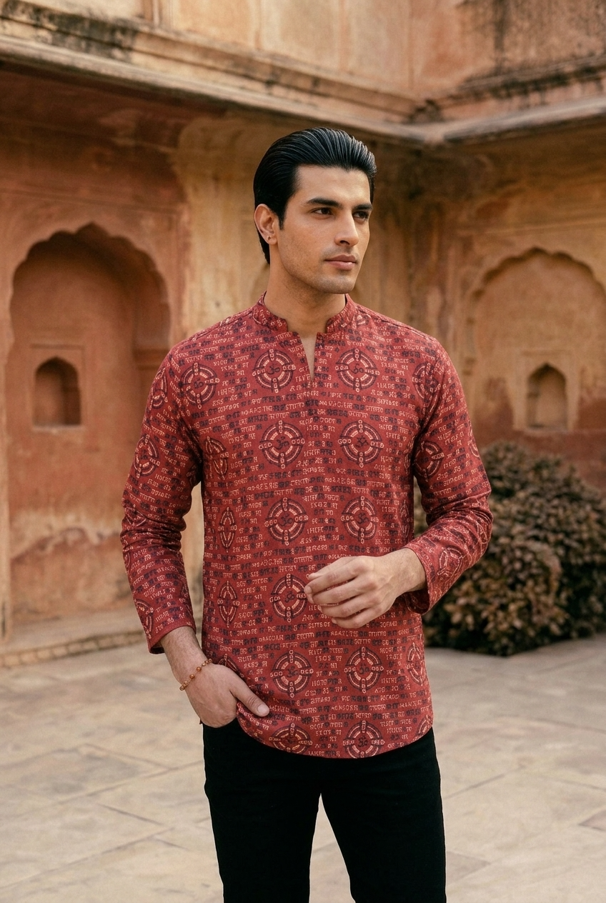 TRIPURA KURTA - INDIAN RED Size M | Veda Handcrafted Ethnic Wear