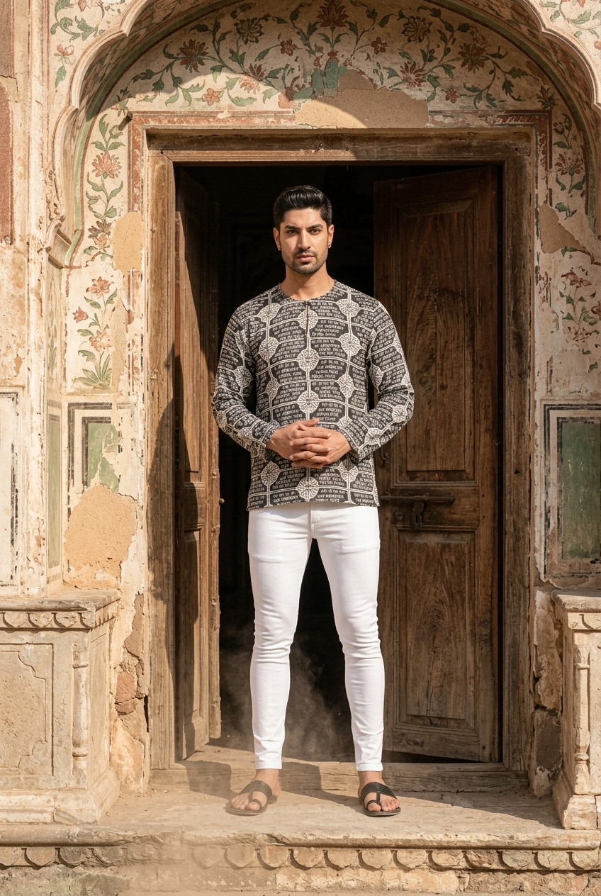 DEVENDRA KURTA - BLACK Size M | Veda Handcrafted Ethnic Wear