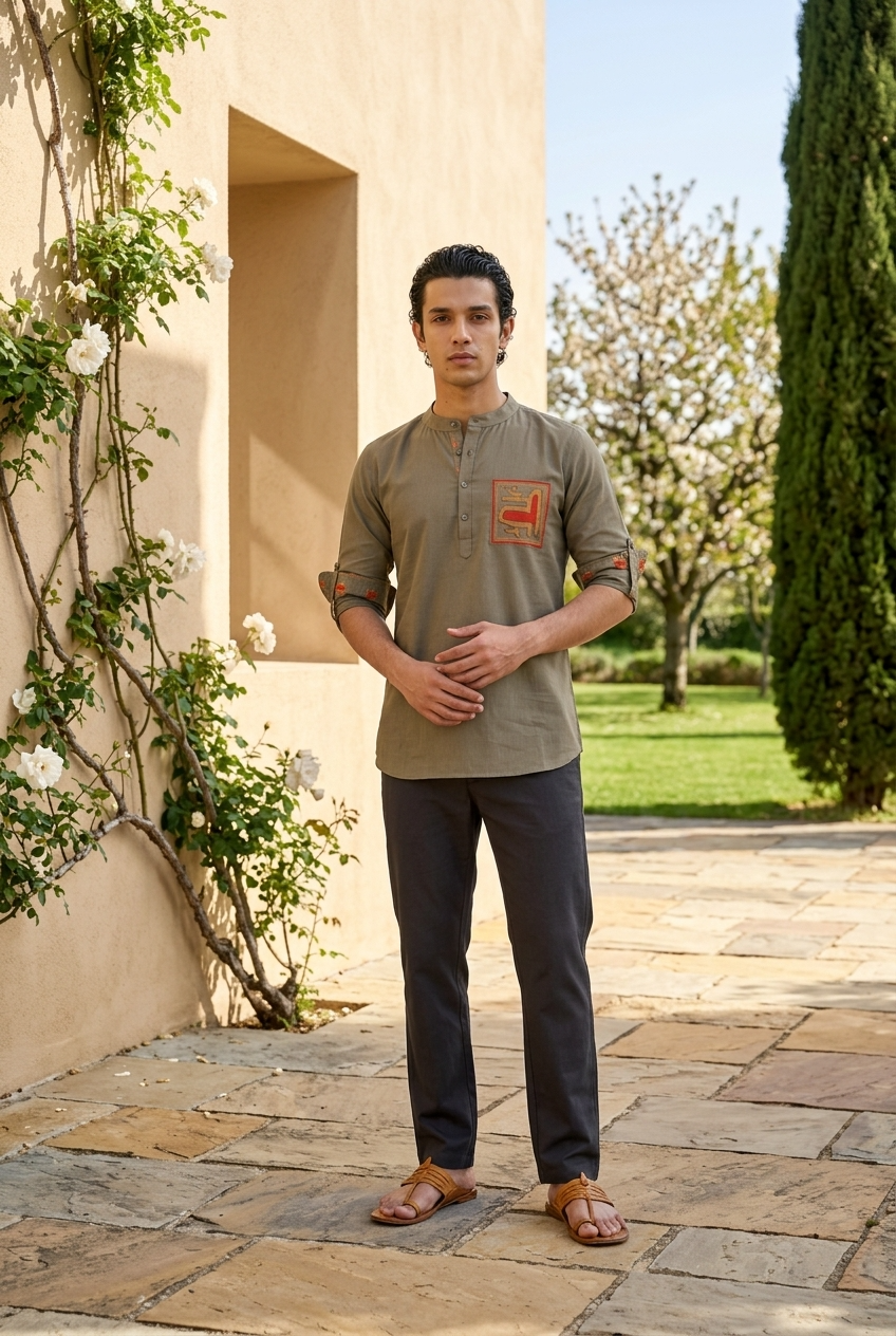 VARUNA KURTA - KHAKHI Size M | Veda Handcrafted Ethnic Wear