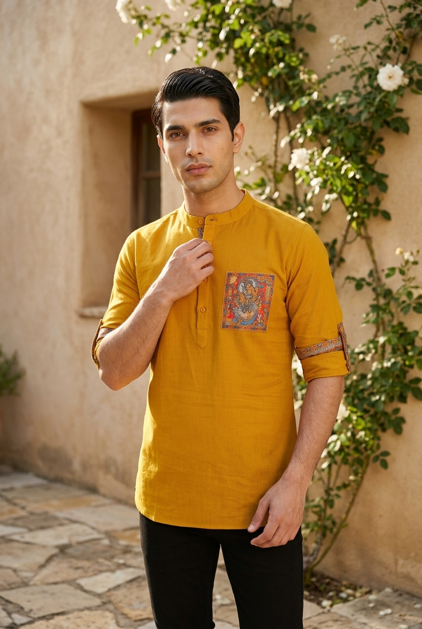SURYA KURTA - MUSTARD Size M | Veda Handcrafted Ethnic Wear