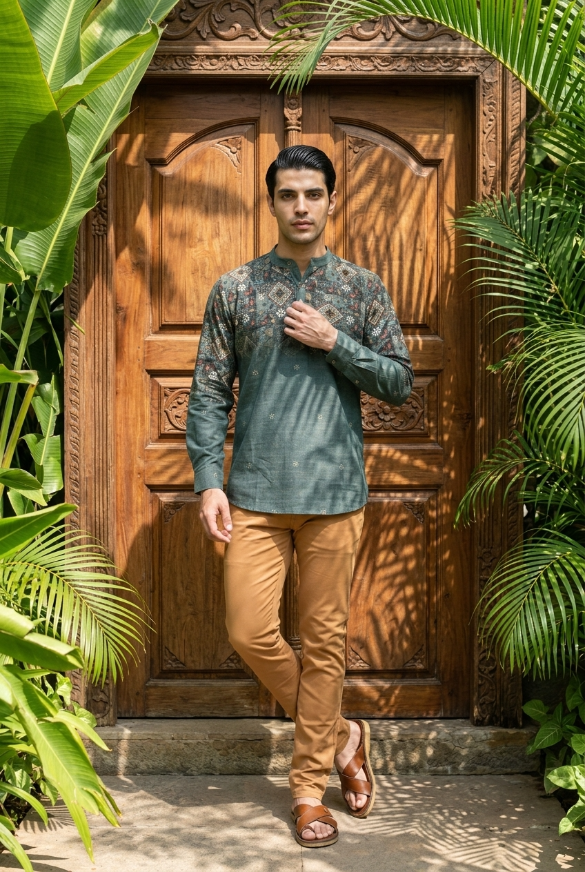 VANA KURTA - MILITARY GREEN Size M | Veda Handcrafted Ethnic Wear