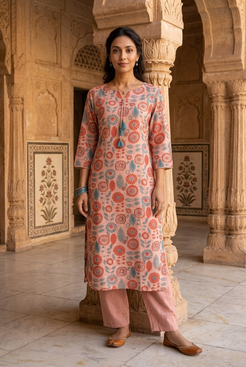 PANCHAMI KURTA COMBO - PEACH Size M | Veda Handcrafted Ethnic Wear