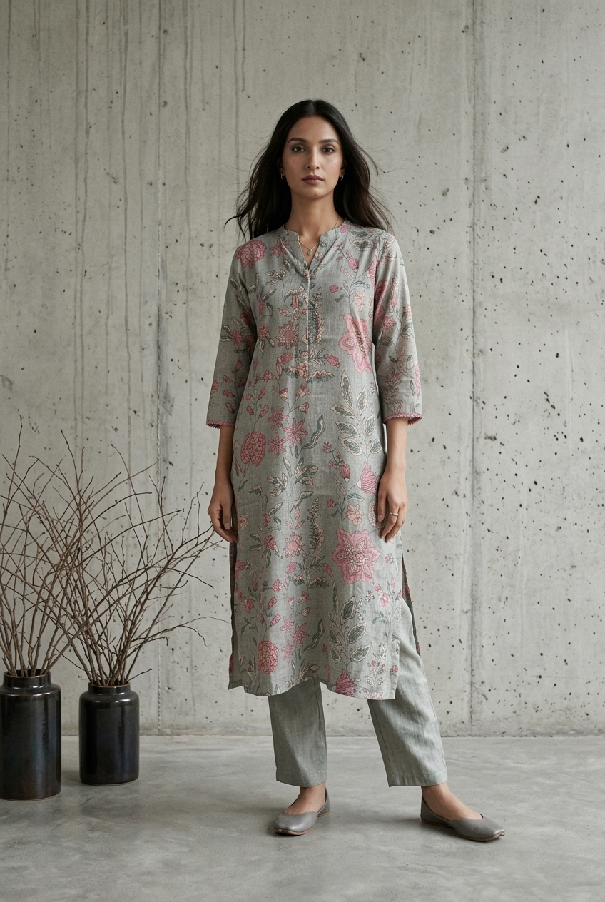 DHARINI KURTA COMBO - STEAL GREY Size M | Veda Handcrafted Ethnic Wear