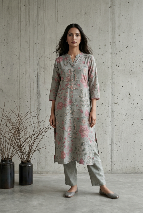 DHARINI KURTA COMBO - STEAL GREY Size M | Veda Handcrafted Ethnic Wear