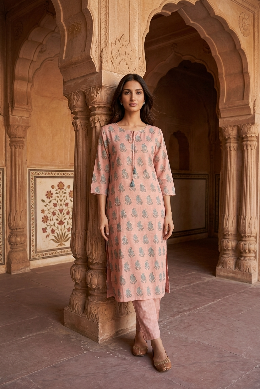 SUBHADRA KURTA COMBO - PEACH Size M | Veda Handcrafted Ethnic Wear