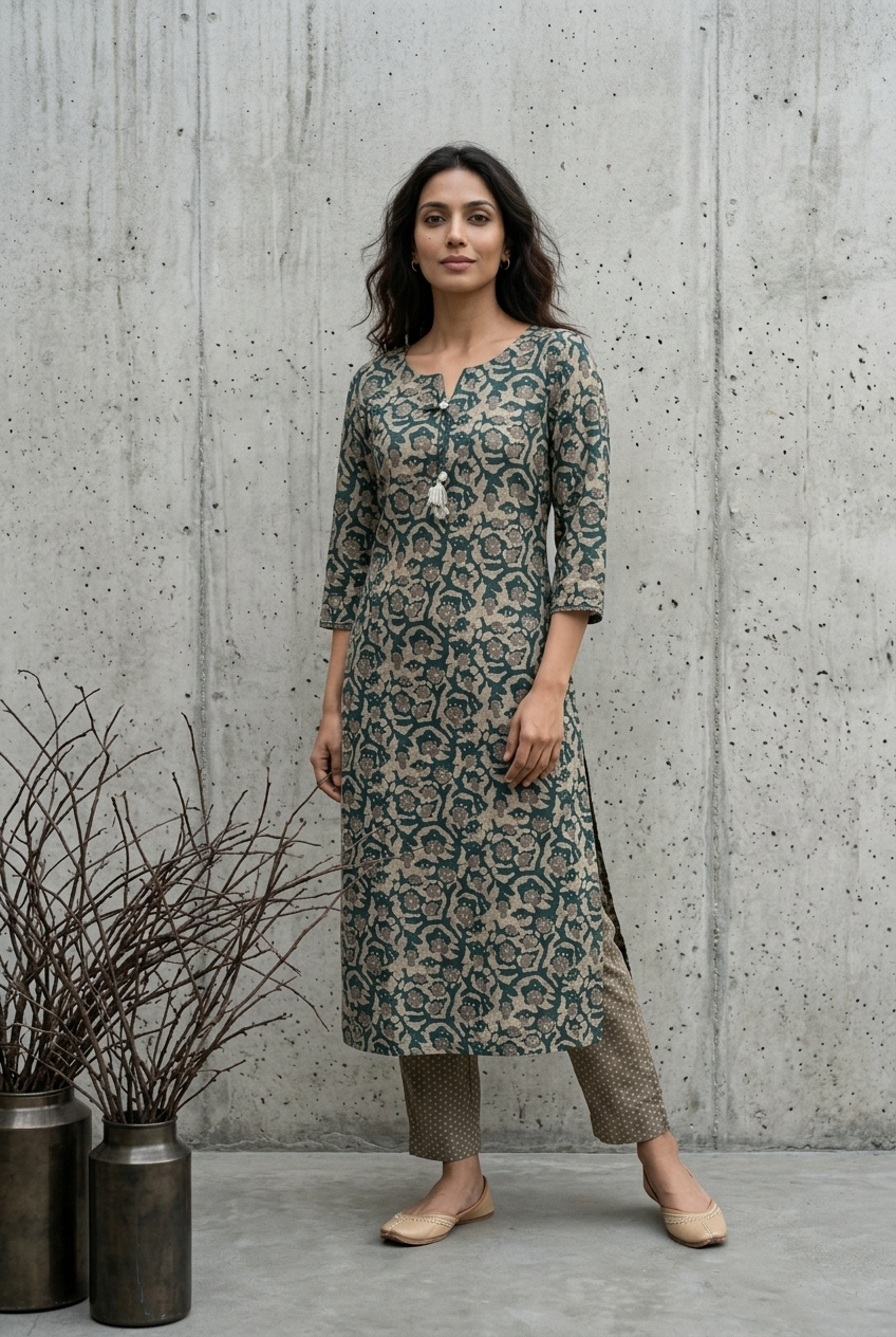 BRINDA KURTA COMBO - BOTTLE GREEN Size M | Veda Handcrafted Ethnic Wear
