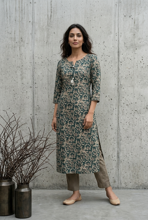 BRINDA KURTA COMBO - BOTTLE GREEN Size M | Veda Handcrafted Ethnic Wear