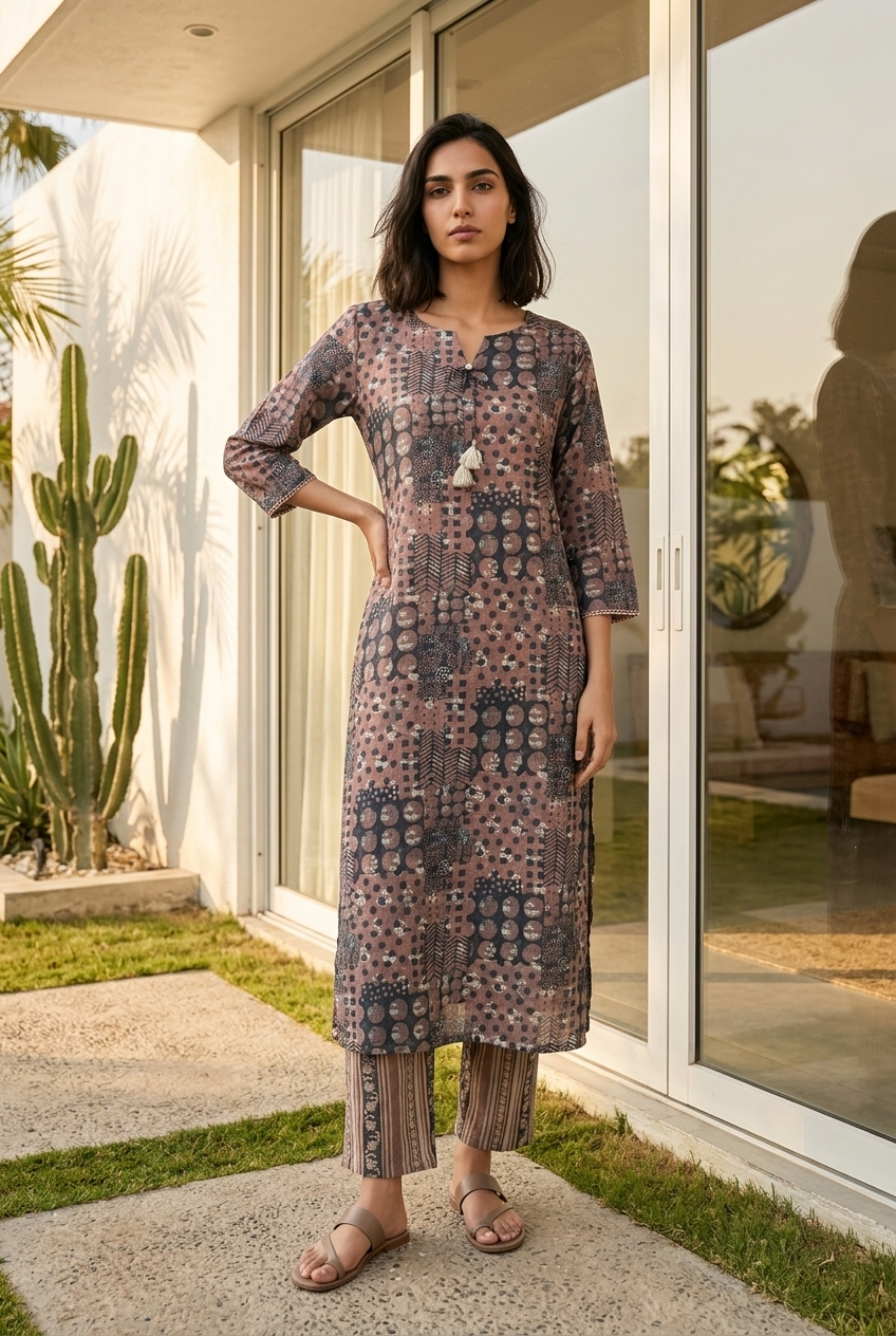 MRITTIKA KURTA COMBO - TERRACOTTA Size M | Veda Handcrafted Ethnic Wear
