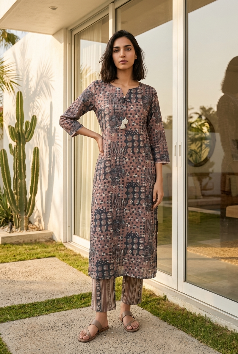 MRITTIKA KURTA COMBO - TERRACOTTA Size M | Veda Handcrafted Ethnic Wear