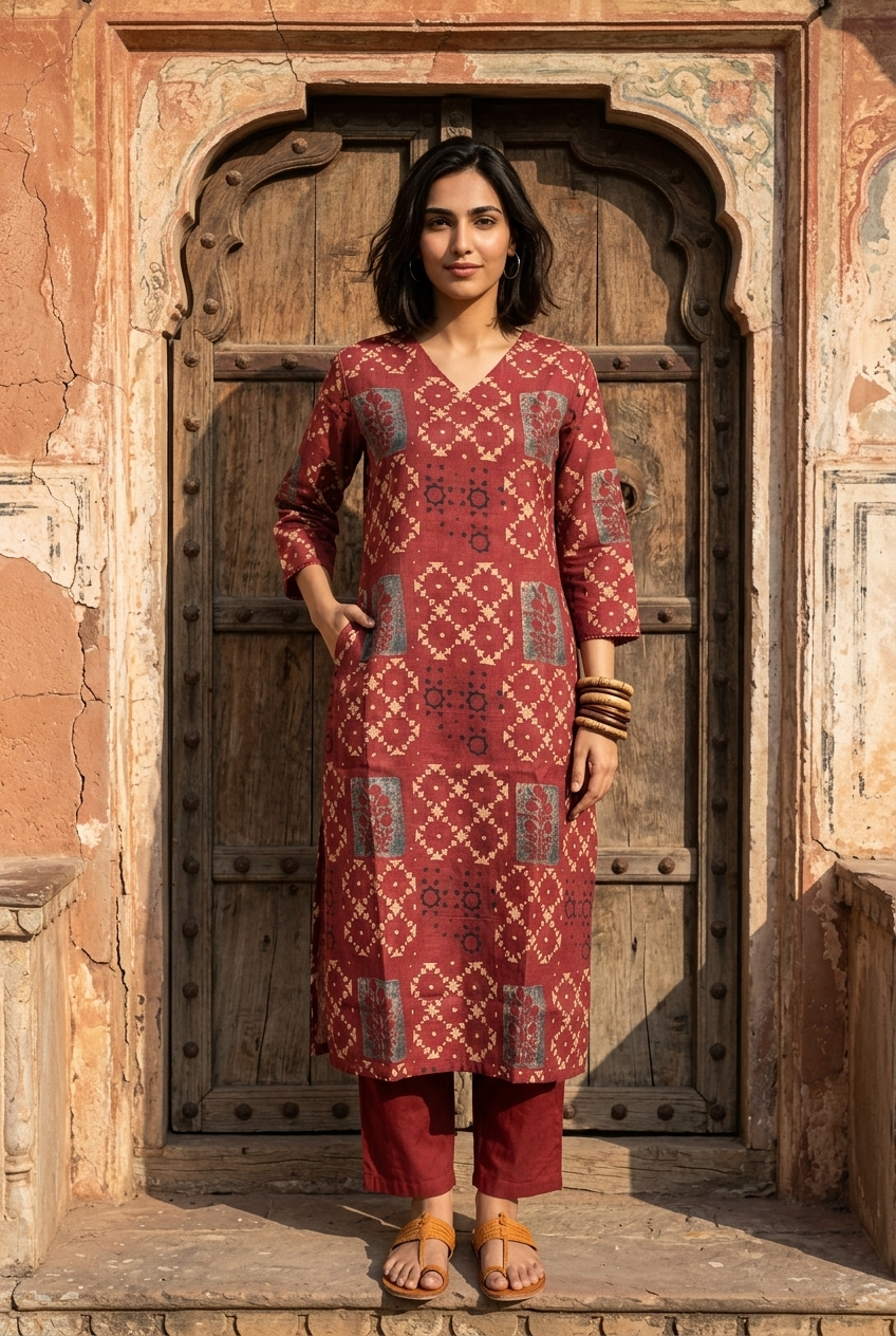SINDURI KURTA COMBO - RED Size M | Veda Handcrafted Ethnic Wear