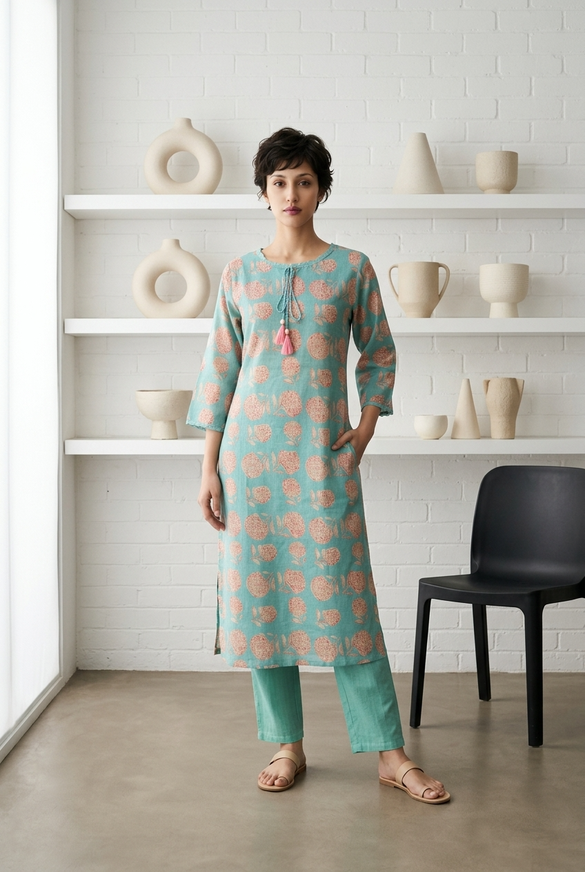 SAMUDRA KURTA COMBO - SEA GREEN Size M | Veda Handcrafted Ethnic Wear