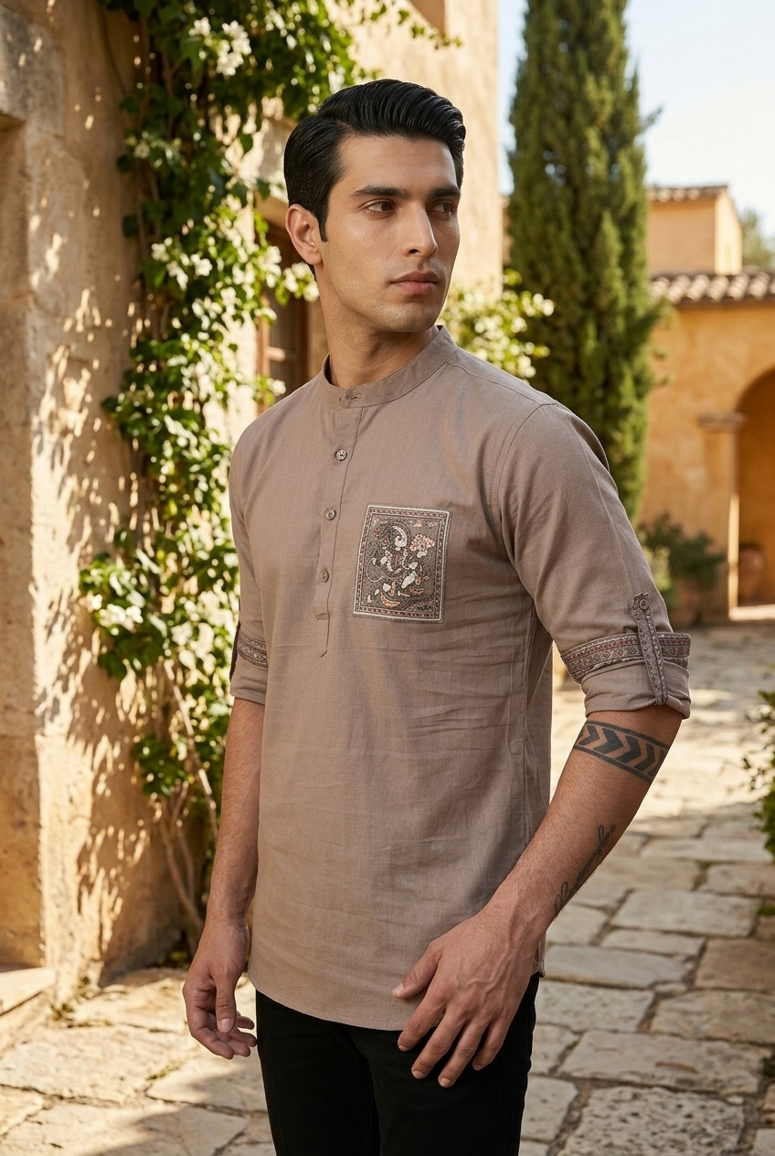 TARA KURTA - TAN Size L | Veda Handcrafted Ethnic Wear