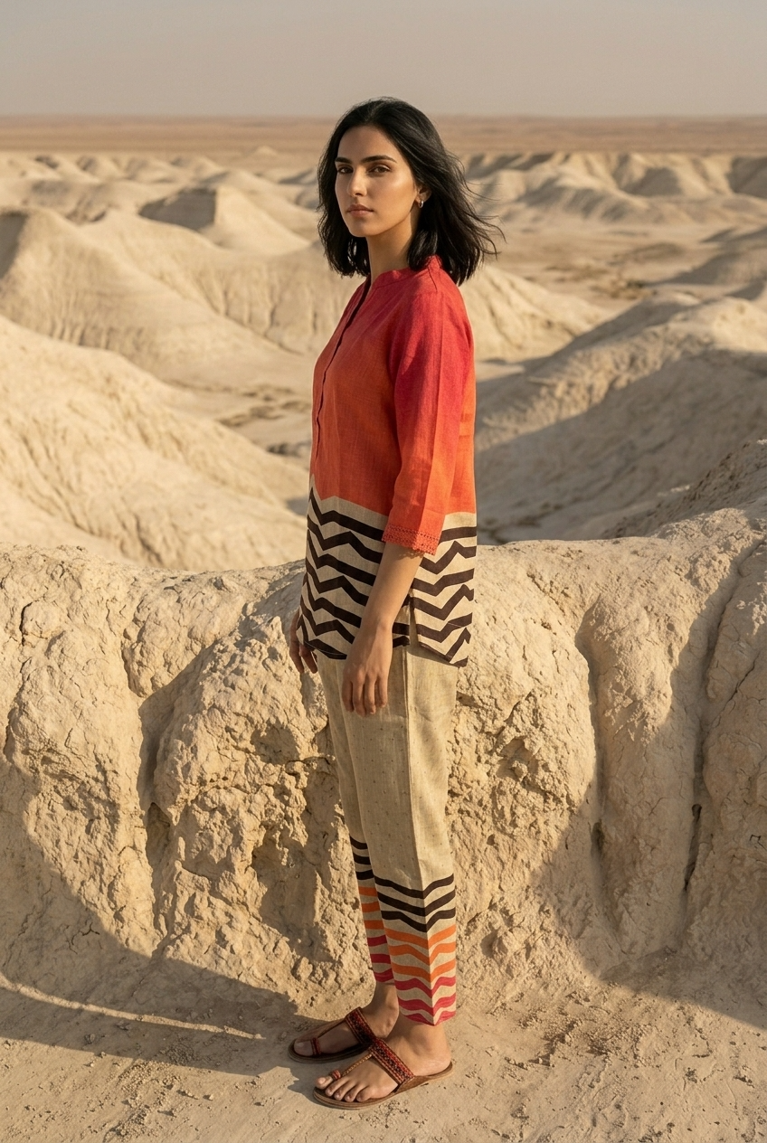 BHASKAR CO-ORD SET - ORANGE Size L | Veda Handcrafted Ethnic Wear