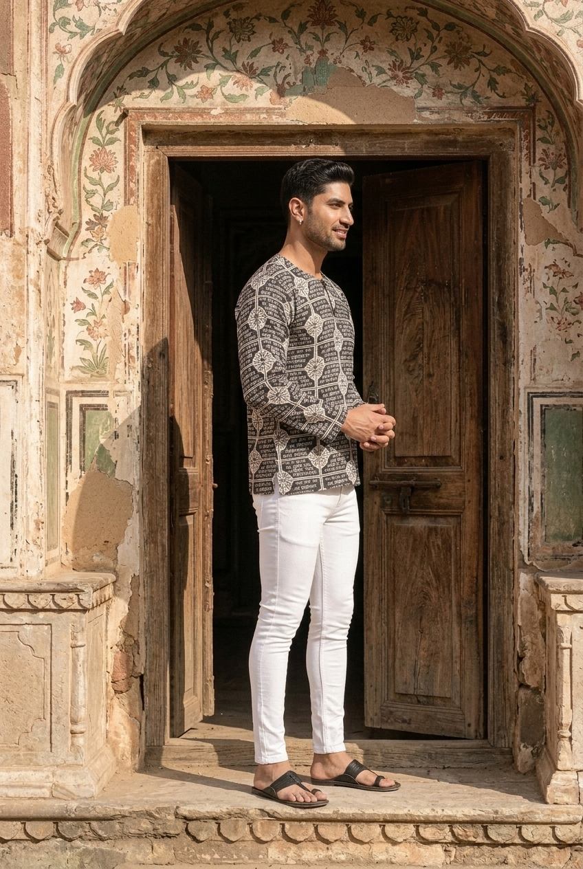 DEVENDRA KURTA - BLACK Size L | Veda Handcrafted Ethnic Wear