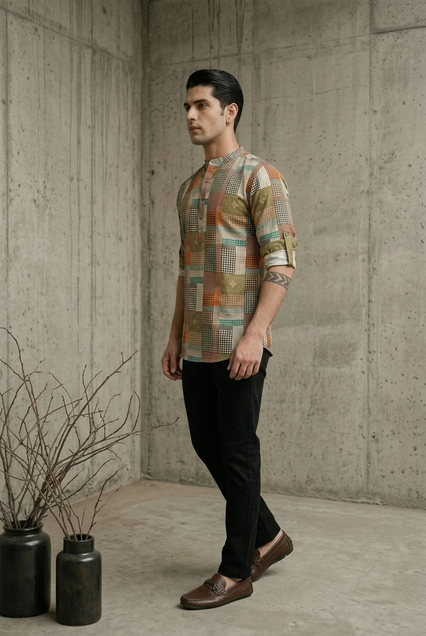 SHANTA KURTA - OLIVE Size L | Veda Handcrafted Ethnic Wear