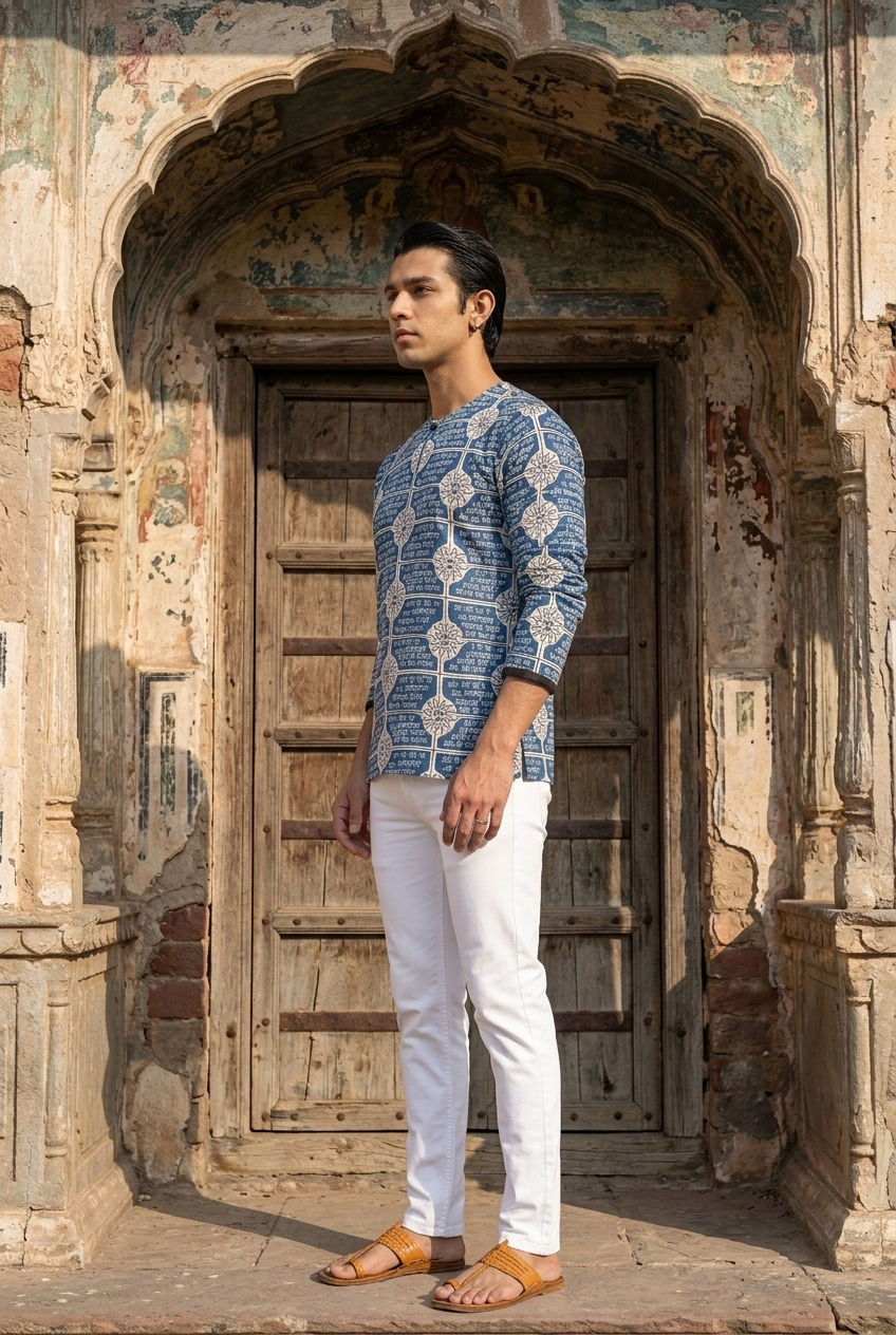 DEVENDRA KURTA - BLUE Size L | Veda Handcrafted Ethnic Wear