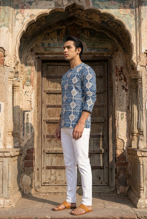DEVENDRA KURTA - BLUE Size L | Veda Handcrafted Ethnic Wear
