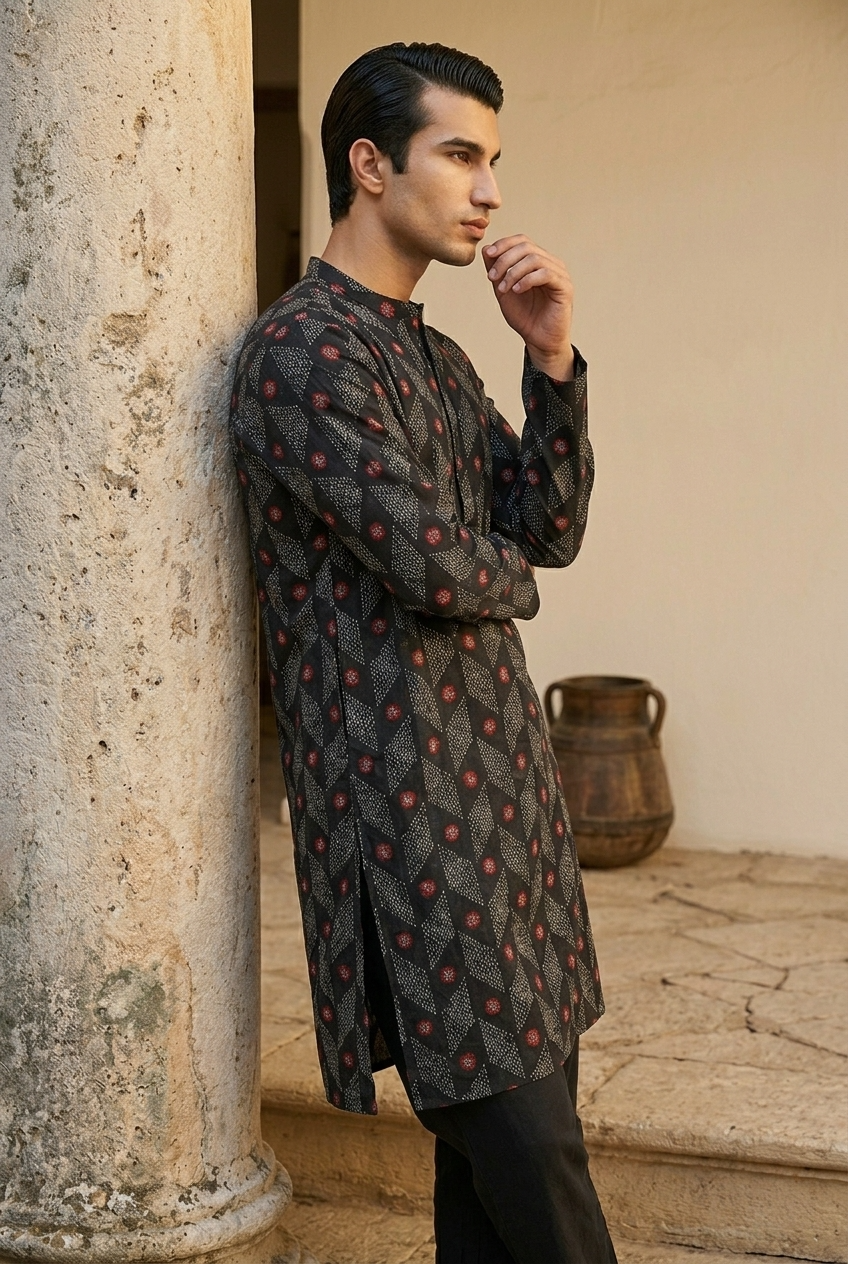 VRIKSHA KURTA - BLACK Size L | Veda Handcrafted Ethnic Wear