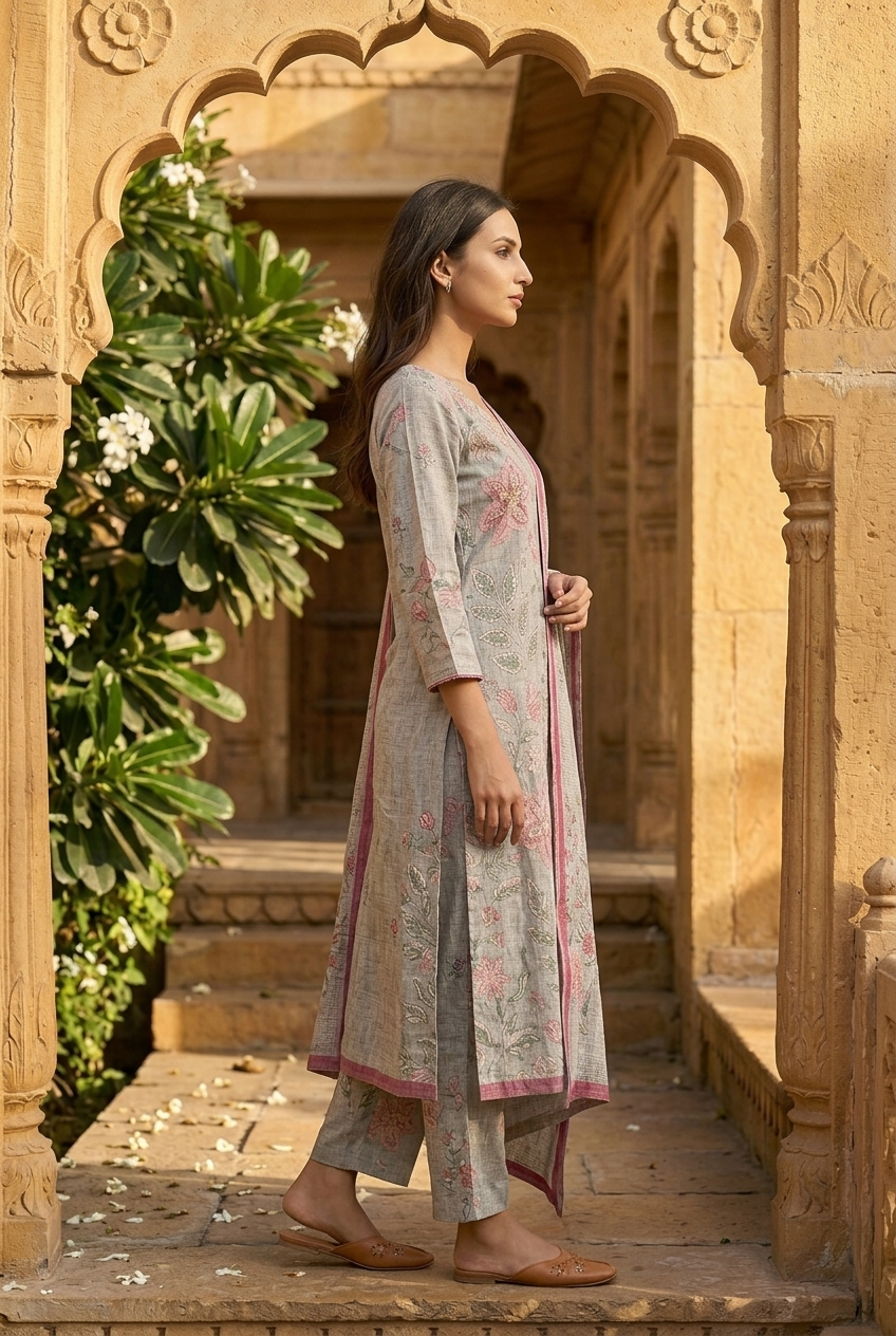 SHARDA KURTA SET - LIGHT GREY Size L | Veda Handcrafted Ethnic Wear