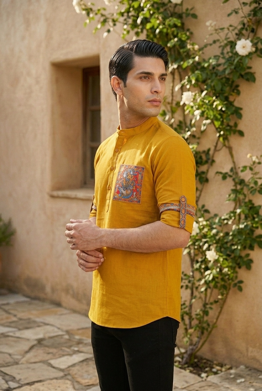 SURYA KURTA - MUSTARD Size L | Veda Handcrafted Ethnic Wear