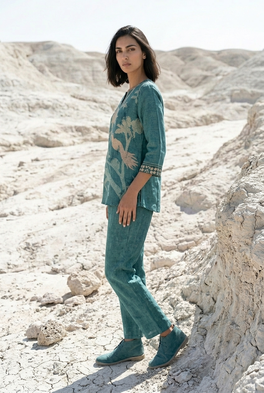 SAGARI CO-ORD SET - TEAL Size L | Veda Handcrafted Ethnic Wear