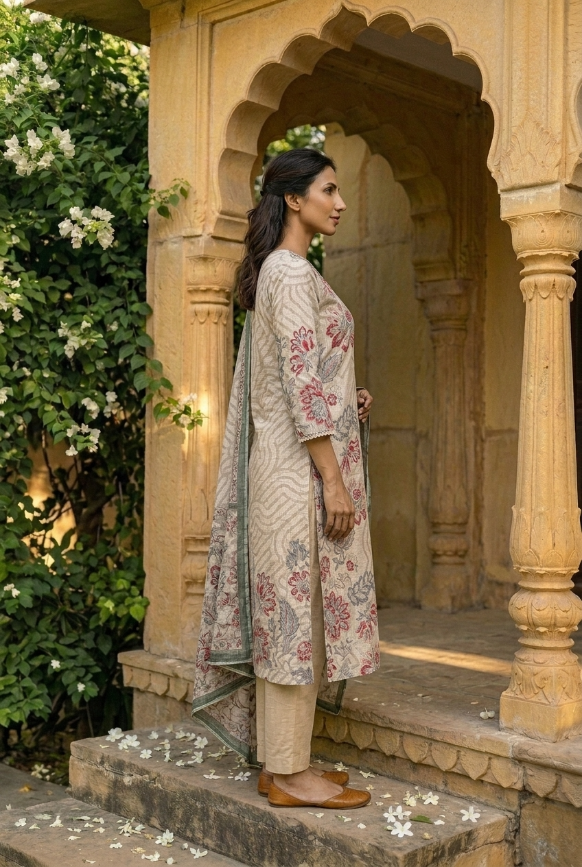 SUNDARI KURTA SET - BEIGE Size L | Veda Handcrafted Ethnic Wear