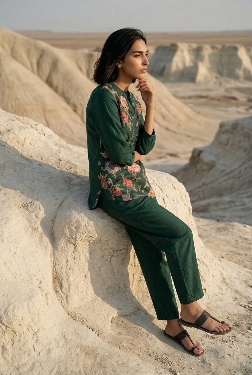 ARAVINDA CO-ORD SET - BOTTLE GREEN Size L | Veda Handcrafted Ethnic Wear