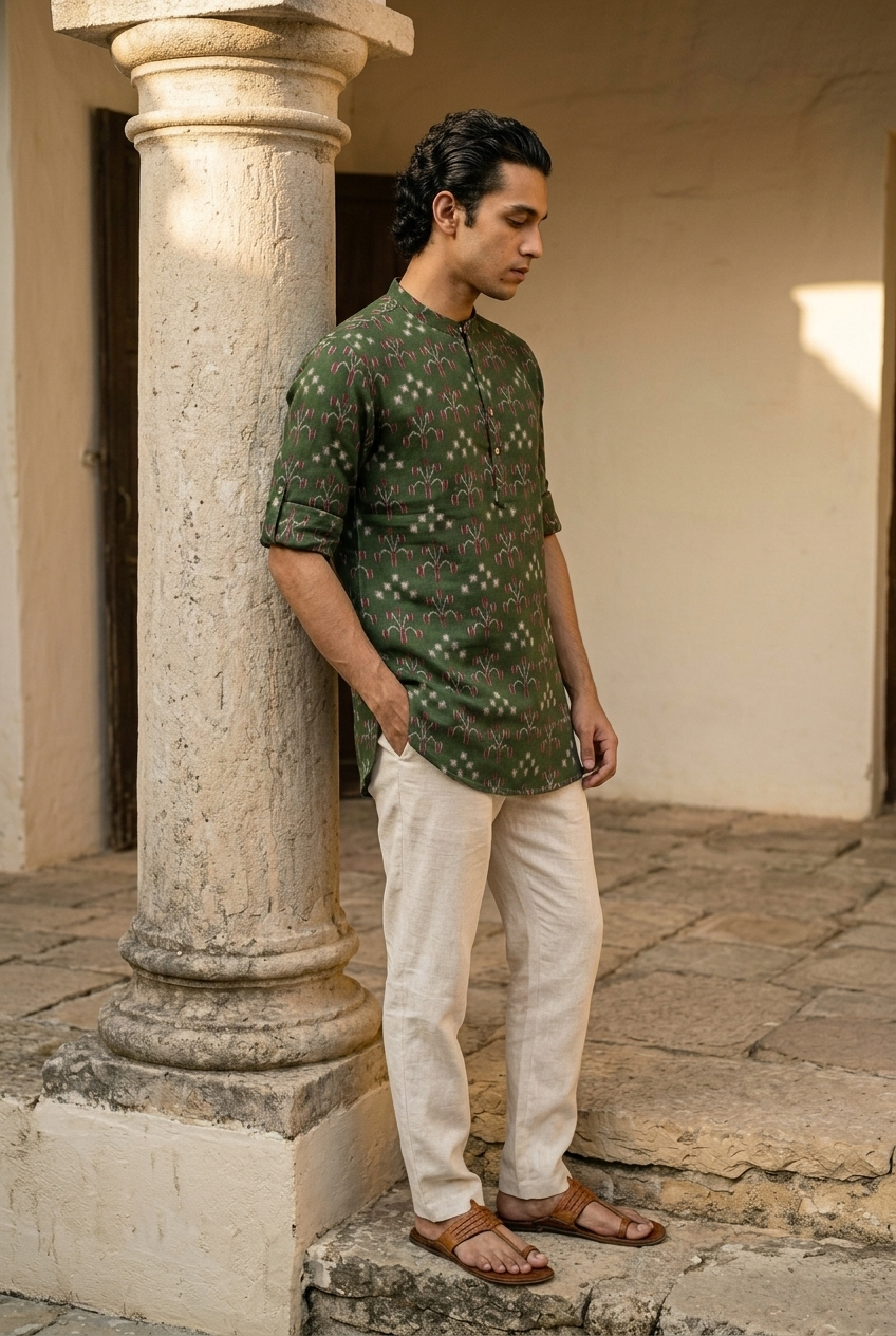 NAVA KURTA - BOTTLEGREEN Size L | Veda Handcrafted Ethnic Wear