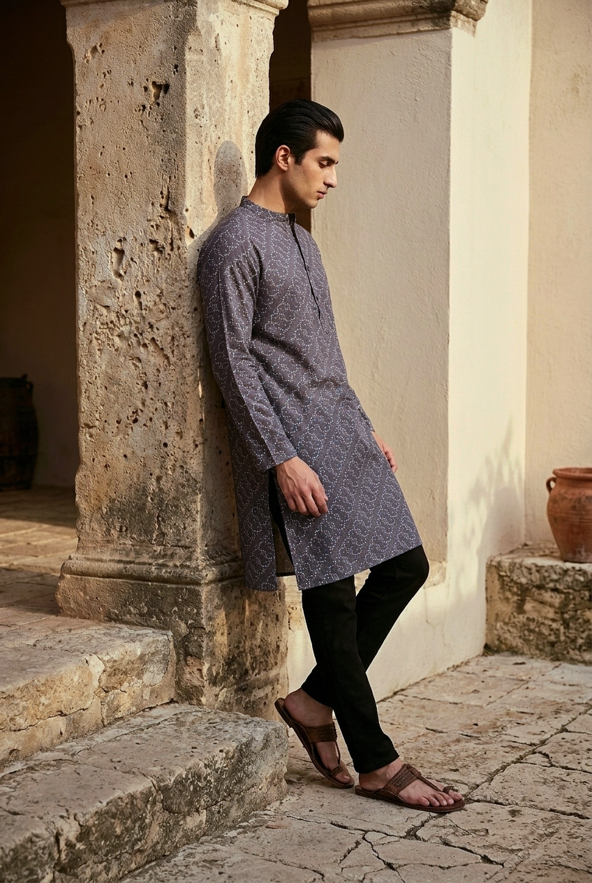 DHRUVA KURTA - SLATE Size L | Veda Handcrafted Ethnic Wear