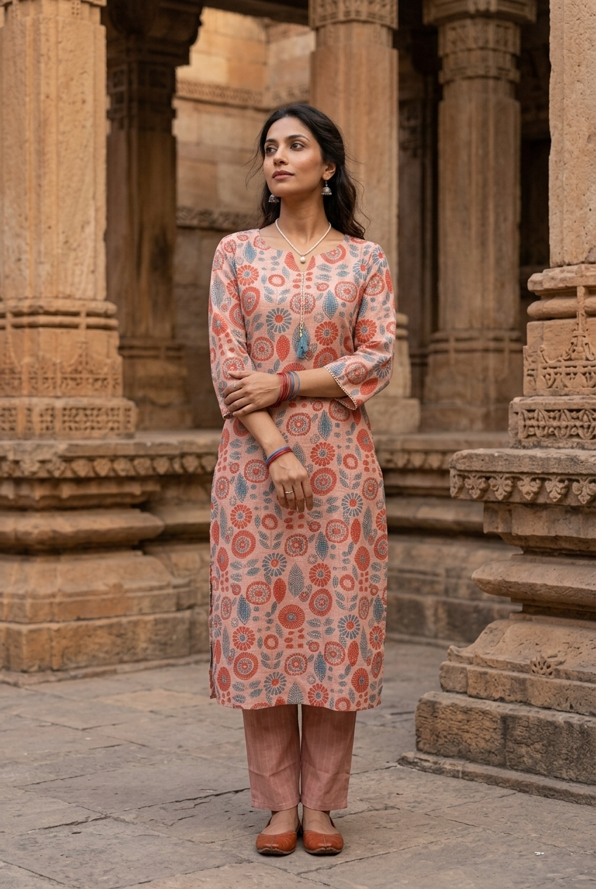 PANCHAMI KURTA COMBO - PEACH Size L | Veda Handcrafted Ethnic Wear