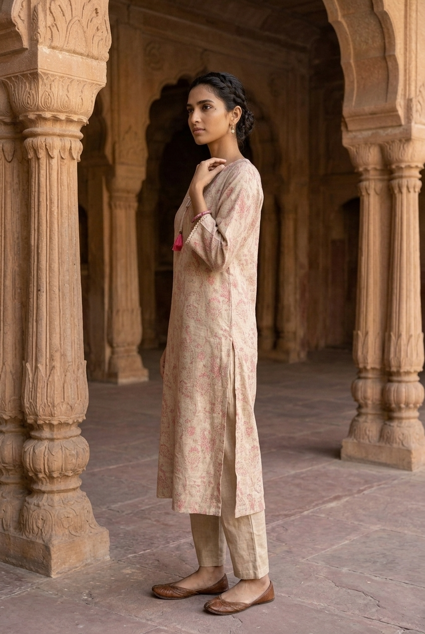 MRIDULA KURTA COMBO - BEIGE Size L | Veda Handcrafted Ethnic Wear