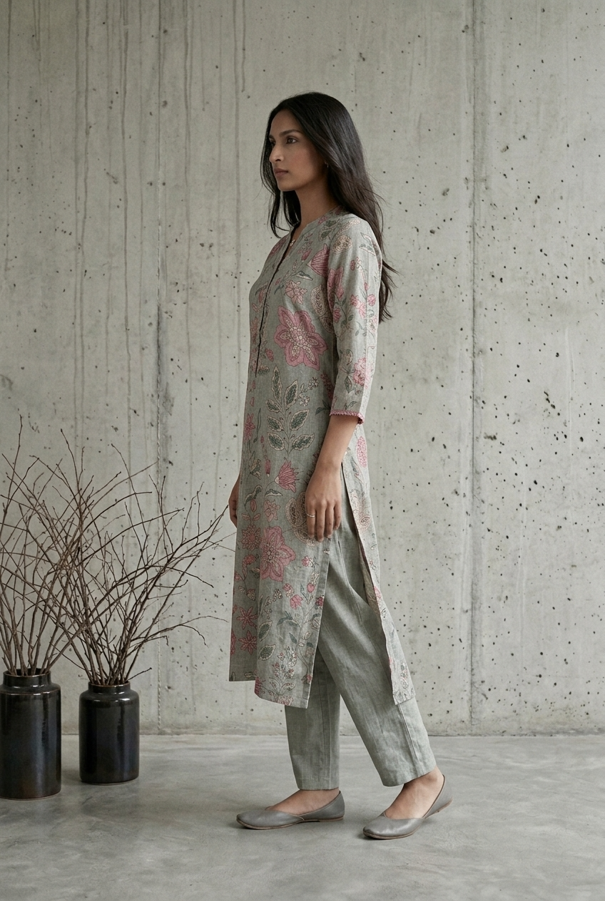 DHARINI KURTA COMBO - STEAL GREY Size L | Veda Handcrafted Ethnic Wear