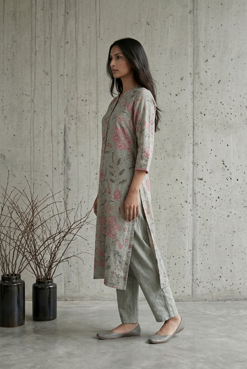 DHARINI KURTA COMBO - STEAL GREY Size L | Veda Handcrafted Ethnic Wear