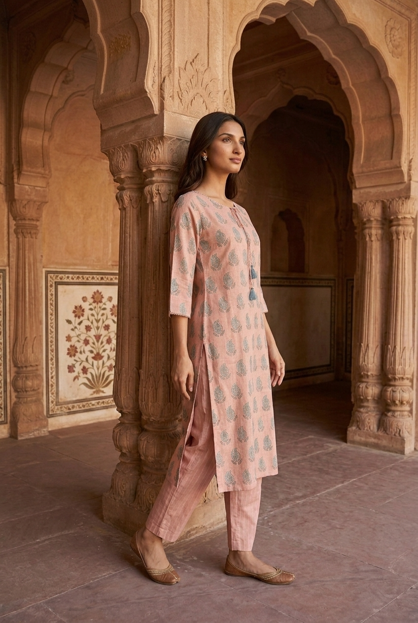 SUBHADRA KURTA COMBO - PEACH Size L | Veda Handcrafted Ethnic Wear