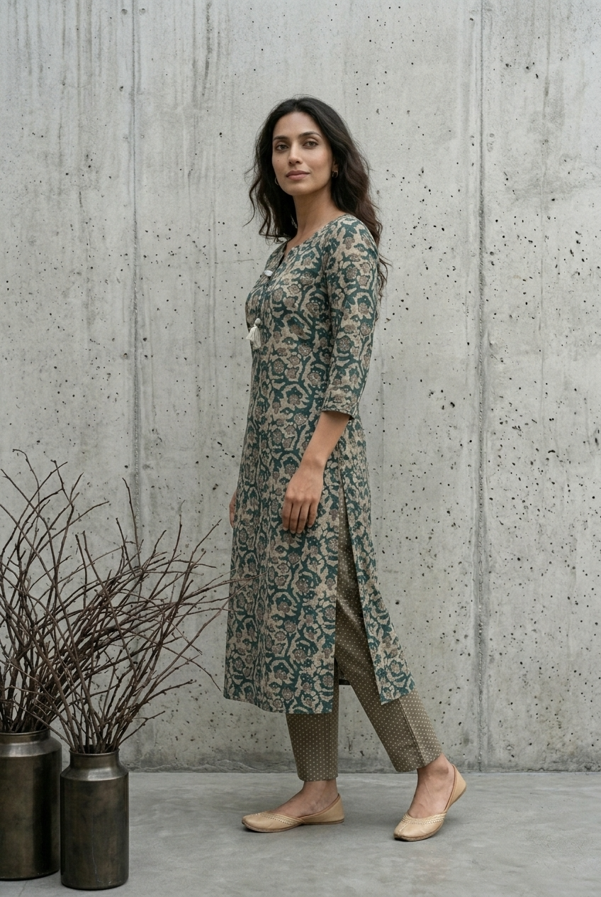 BRINDA KURTA COMBO - BOTTLE GREEN Size L | Veda Handcrafted Ethnic Wear