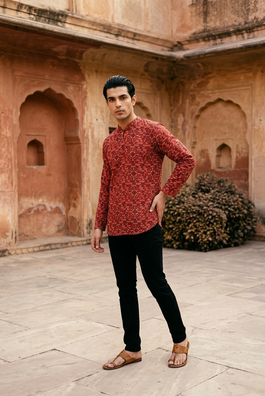 TRIPURA KURTA - INDIAN RED Size L | Veda Handcrafted Ethnic Wear