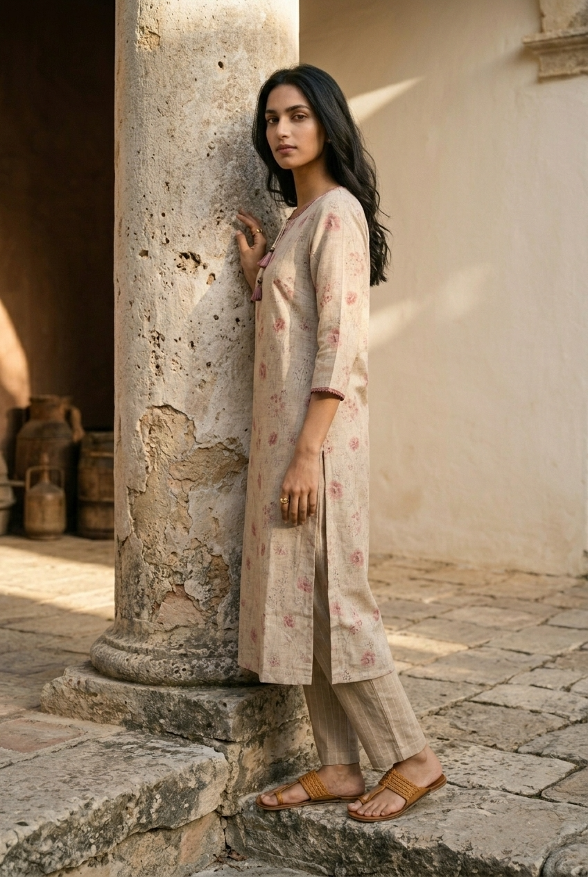 NIRMALA KURTA COMBO - BEIGE Size L | Veda Handcrafted Ethnic Wear