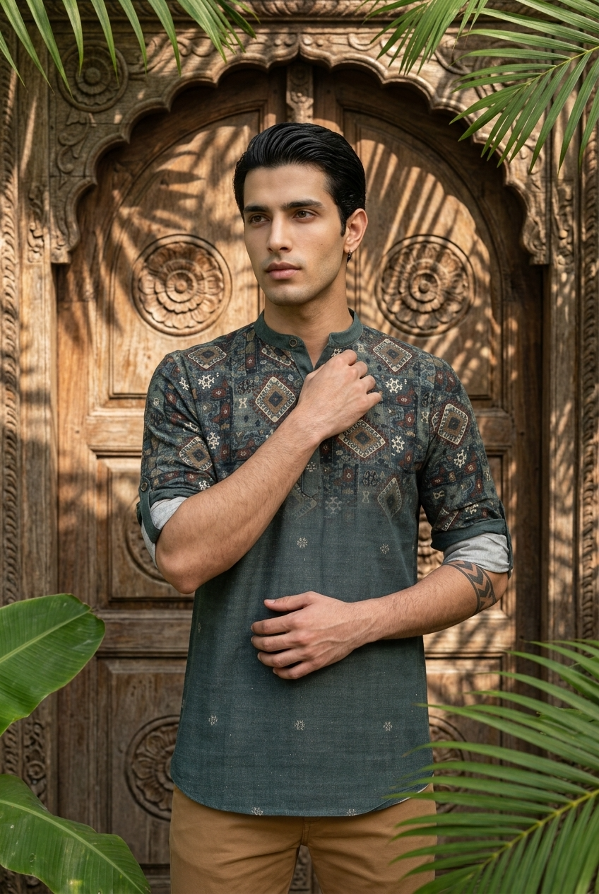 VANA KURTA - MILITARY GREEN Size L | Veda Handcrafted Ethnic Wear