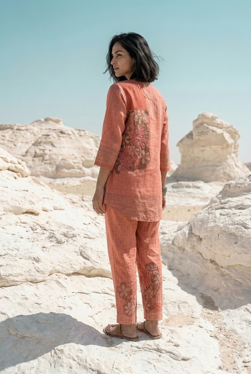 TANVI CO-ORD SET - TANGERINE Size XL | Veda Handcrafted Ethnic Wear
