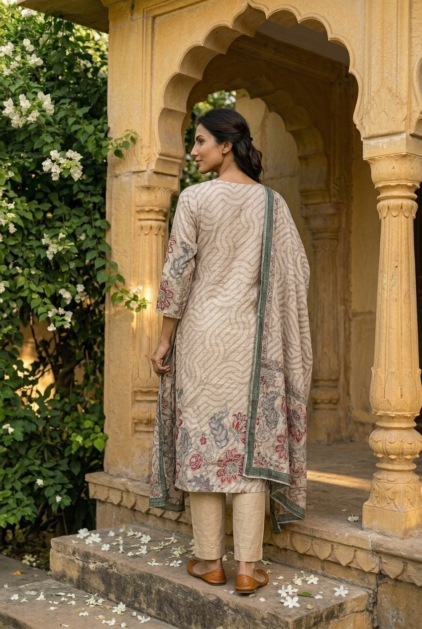 SUNDARI KURTA SET - BEIGE Size XL | Veda Handcrafted Ethnic Wear