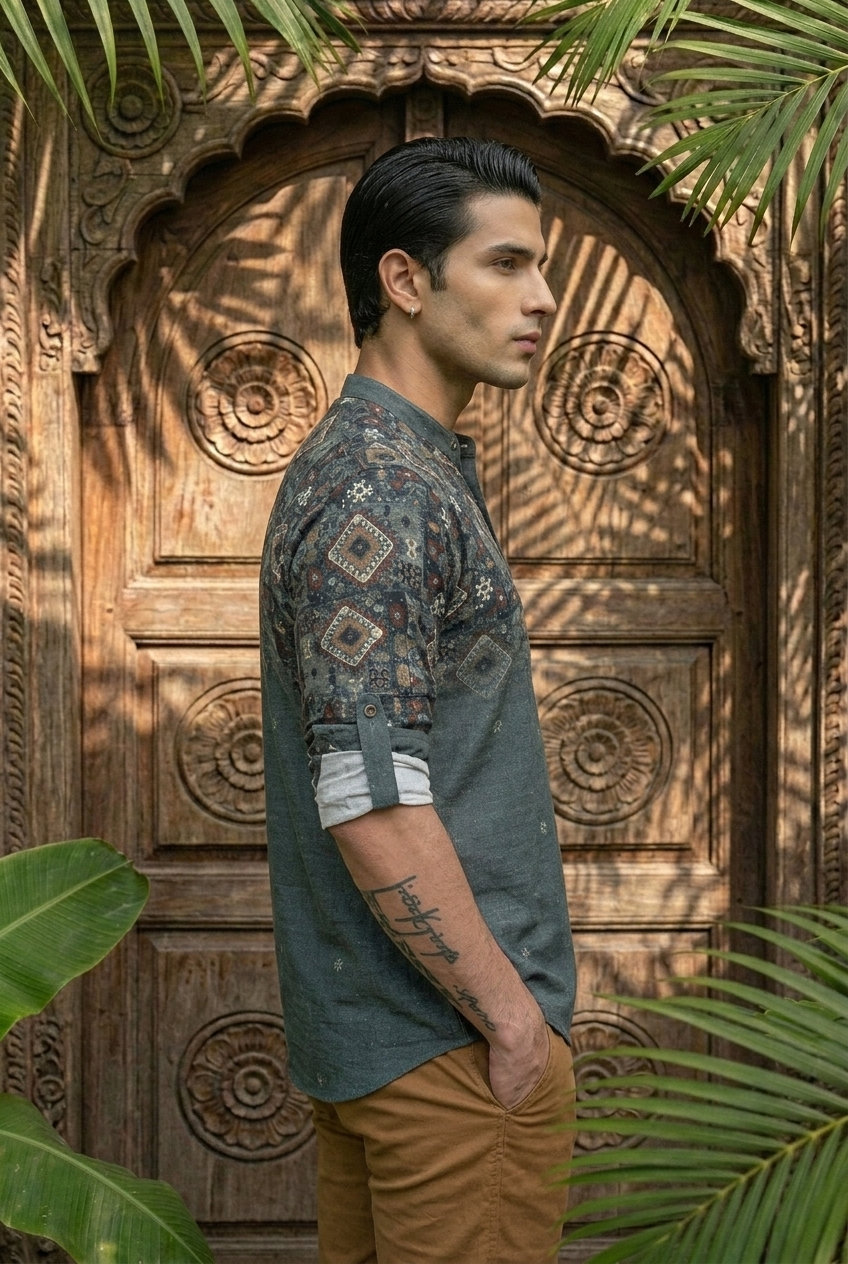 VANA KURTA - MILITARY GREEN Size XL | Veda Handcrafted Ethnic Wear