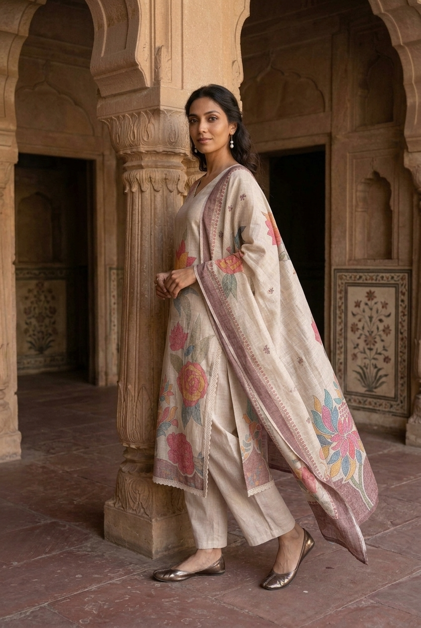 PRABHA KURTA SET - BEIGE Size L | Veda Handcrafted Ethnic Wear