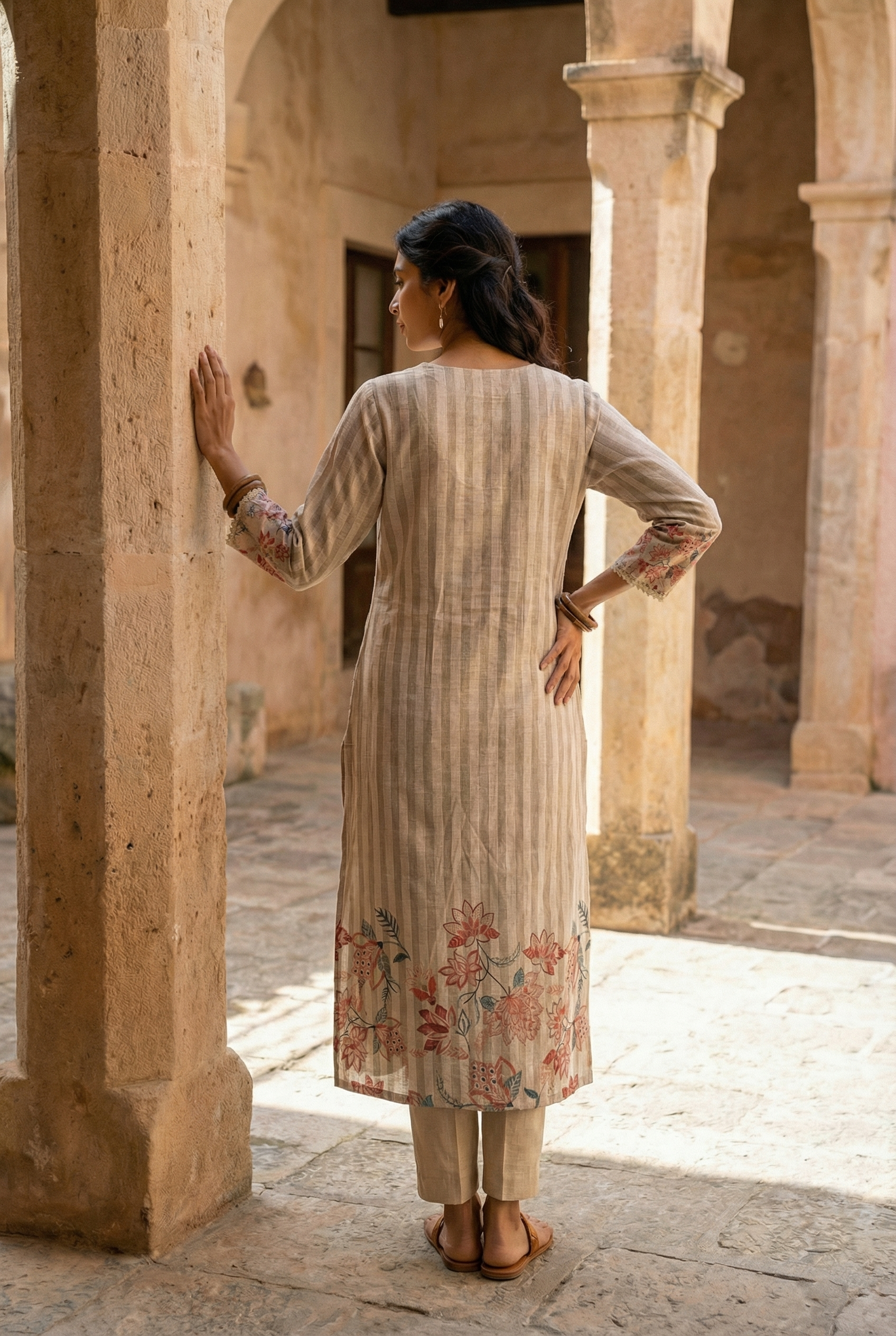 GAURI KURTA SET - BEIGE Size XL | Veda Handcrafted Ethnic Wear
