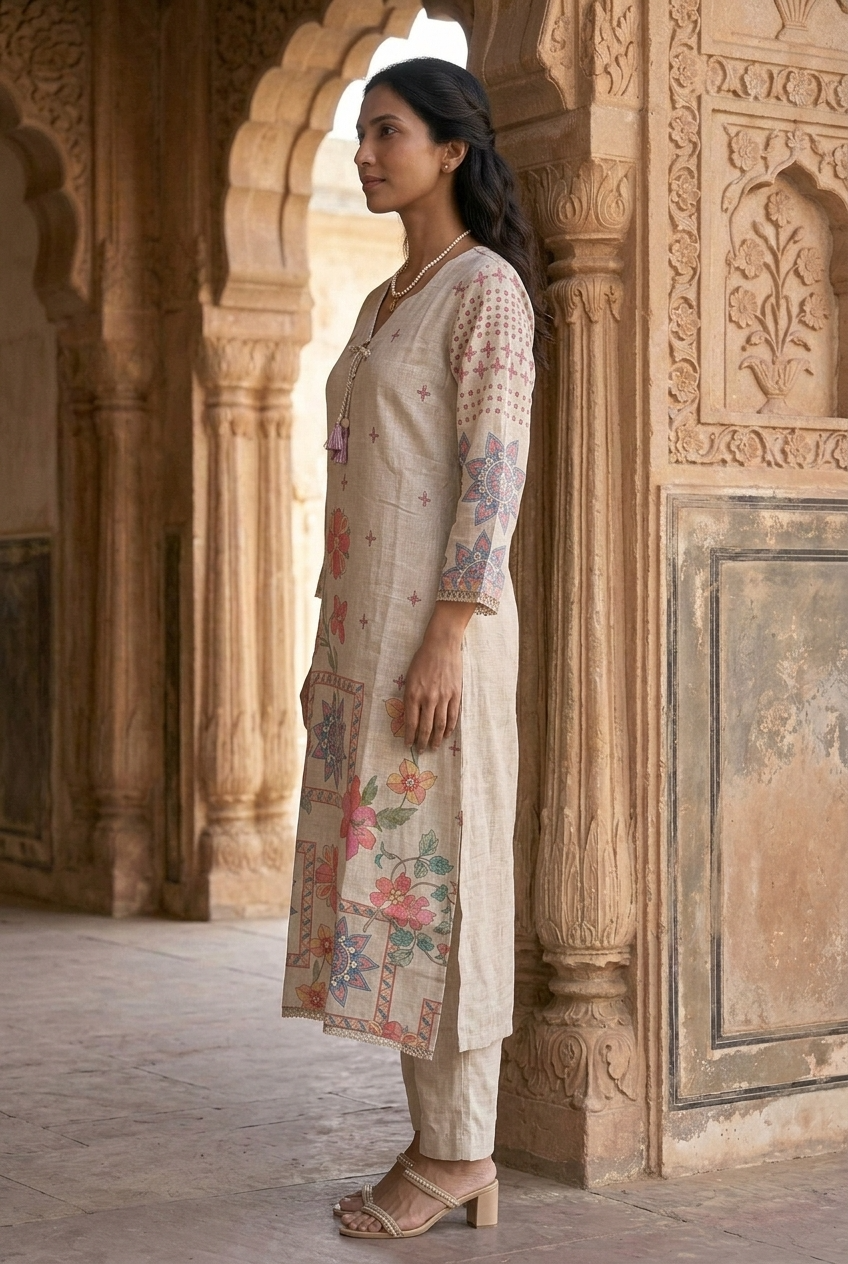 SUPRIYA KURTA SET - BEIGE Size L | Veda Handcrafted Ethnic Wear
