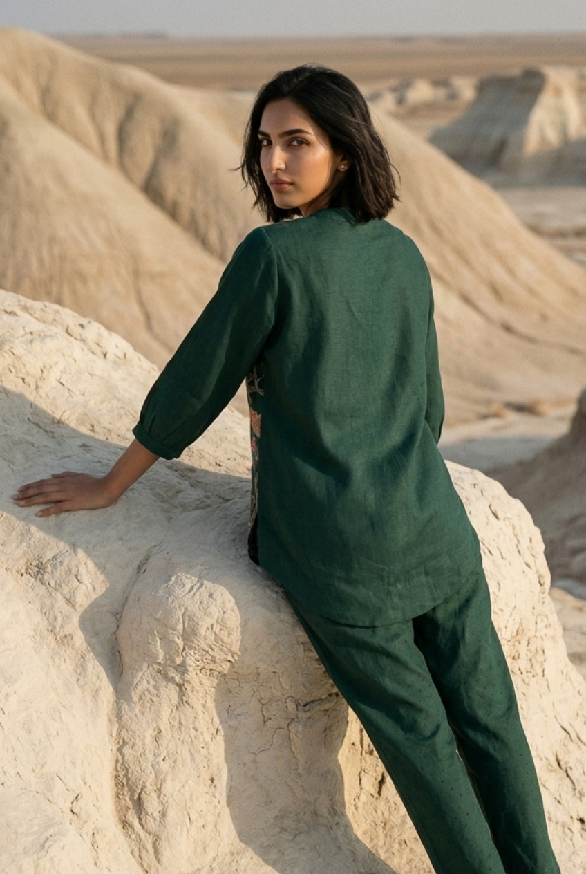 ARAVINDA CO-ORD SET - BOTTLE GREEN Size XL | Veda Handcrafted Ethnic Wear