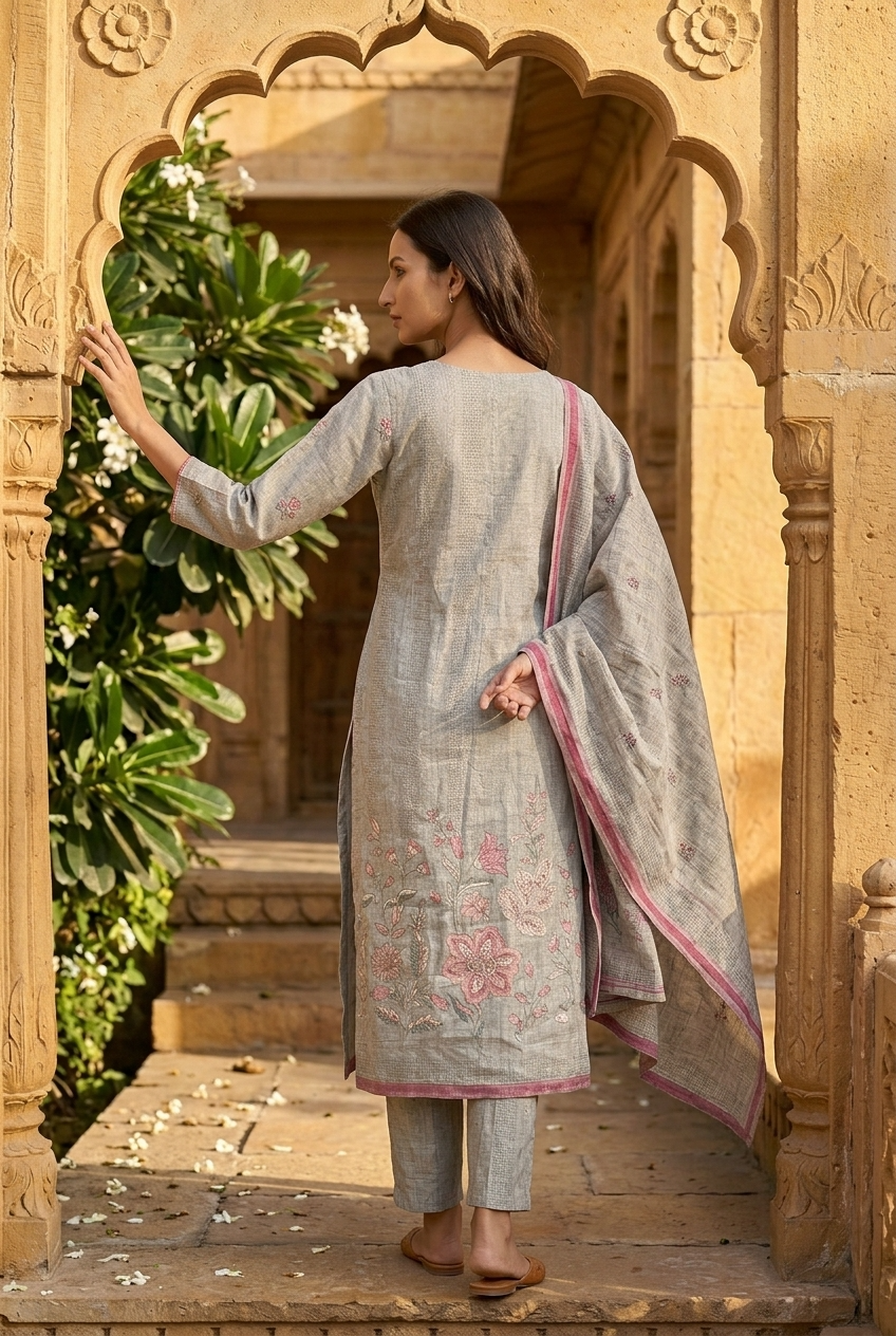 SHARDA KURTA SET - LIGHT GREY Size XL | Veda Handcrafted Ethnic Wear