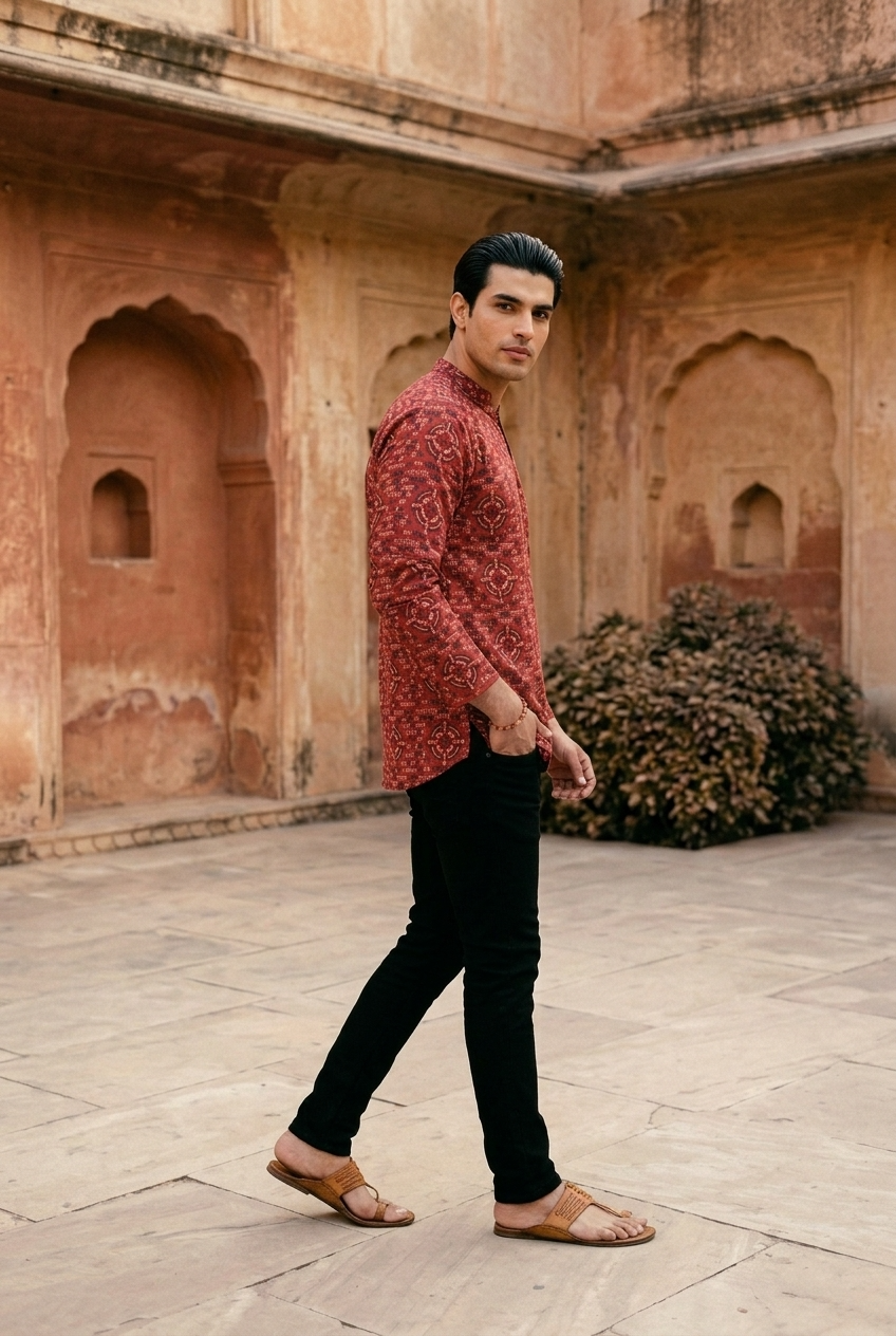 TRIPURA KURTA - INDIAN RED Size XL | Veda Handcrafted Ethnic Wear