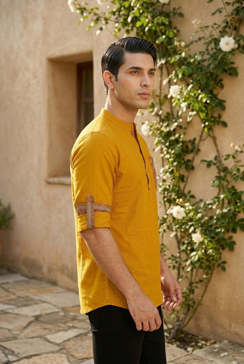 SURYA KURTA - MUSTARD Size XXL | Veda Handcrafted Ethnic Wear