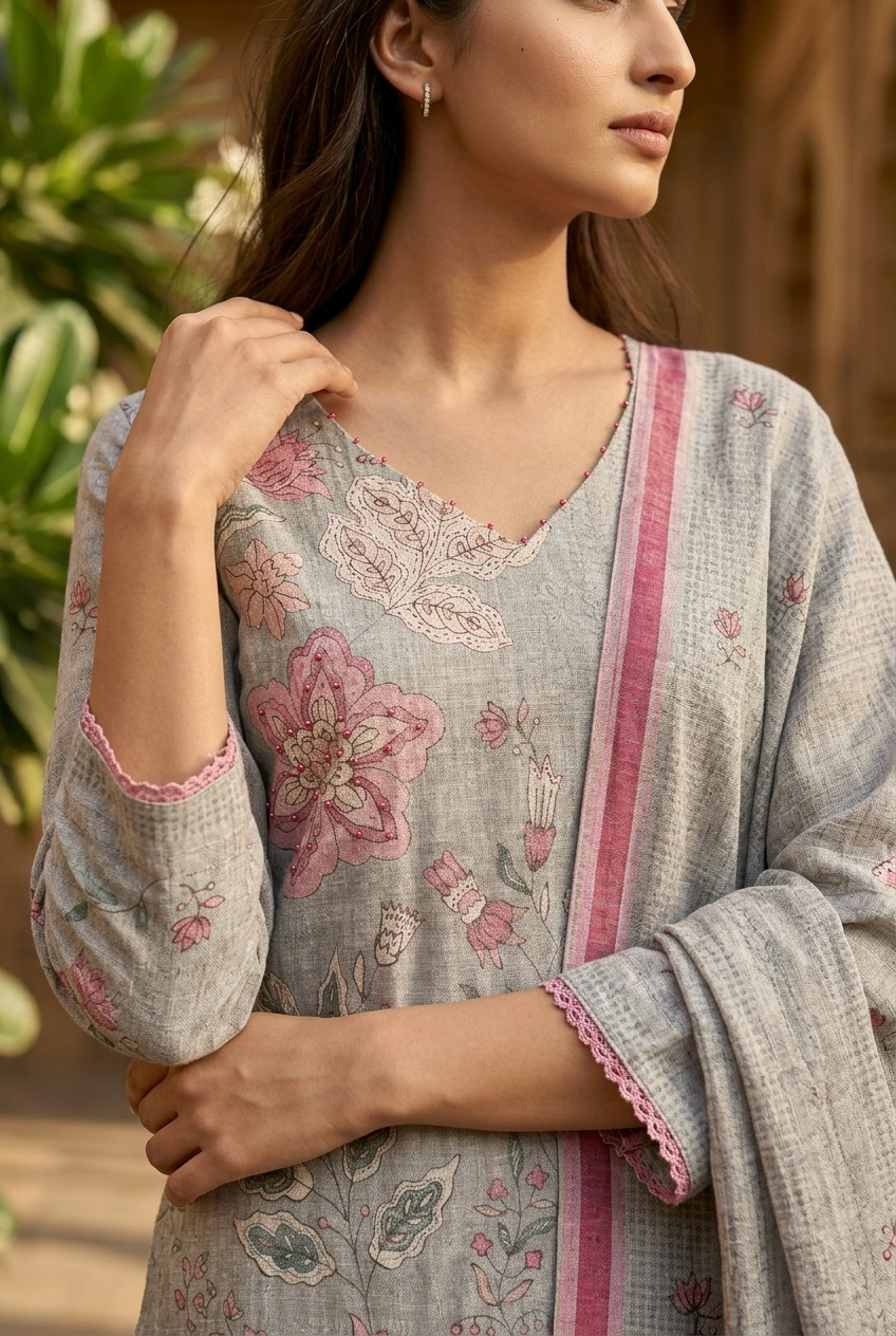 SHARDA KURTA SET - LIGHT GREY Size XXL | Veda Handcrafted Ethnic Wear